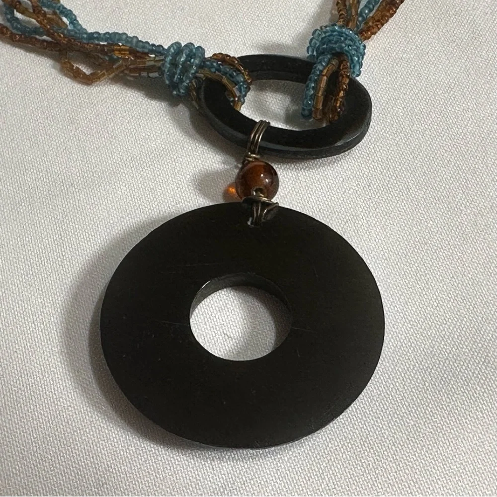 Turquoise Blue & Amber Brown Boho Seed Bead Pendant Statement Necklace